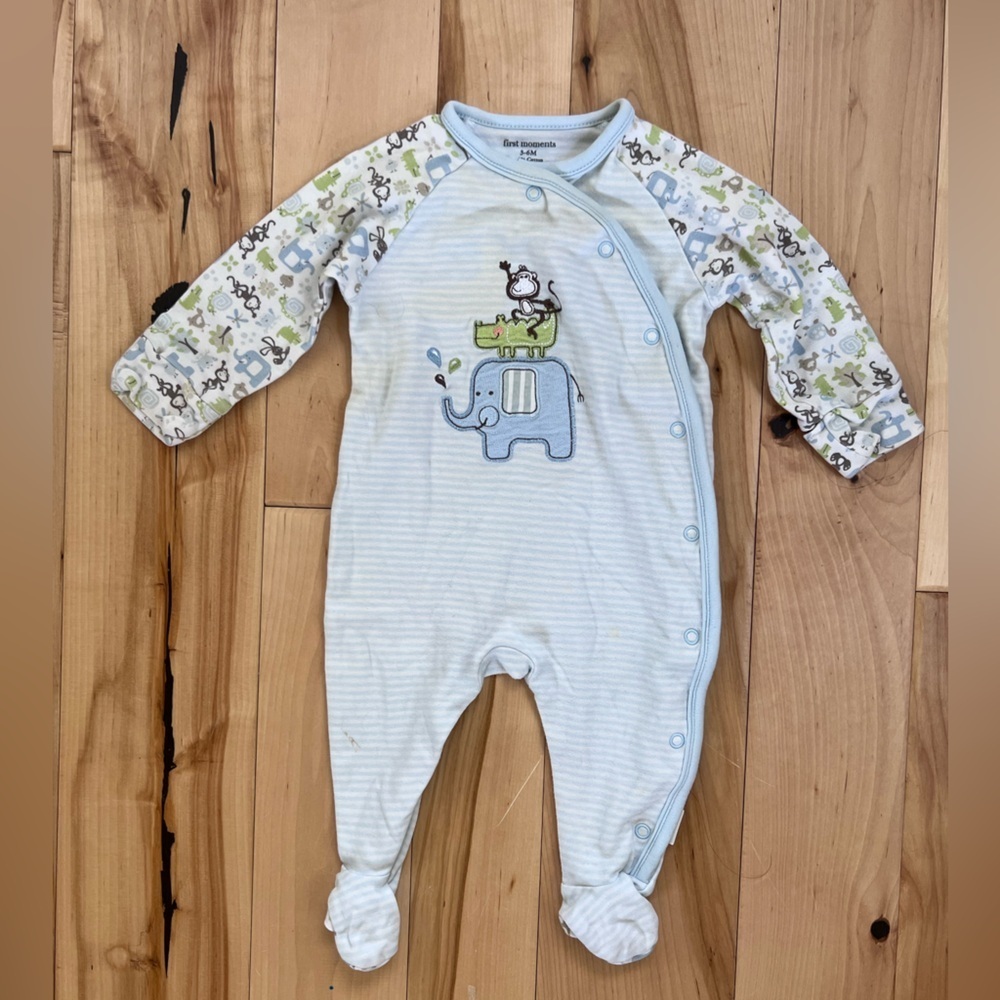 Blue White Footie Pajama Elephant Design